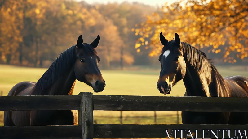 Sunlit pasture gossip drifts between two glossy horses