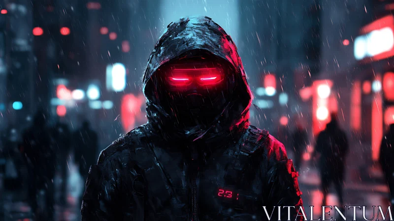 Hooded cybernetic figure in rainy neon city street at night.