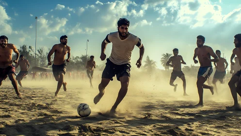Intense sandy soccer match with players in active motion.