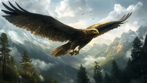Majestic eagle soaring over dramatic mountain landscape, digital art.
