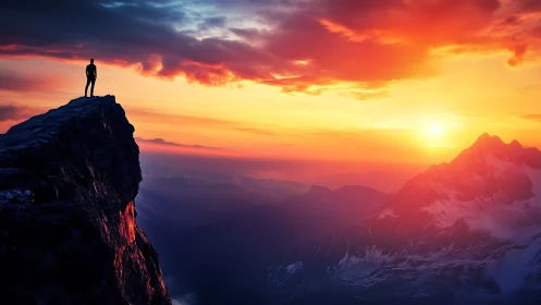 Lone summit dreamer soaking in a wildfire mountain sunrise.