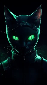 Stealth cyber feline portrait with neon green luminescent eyes