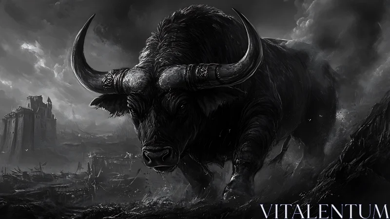 Monochrome war bull storming ruined medieval fortress.