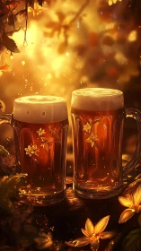 Two floral beer mugs in warm golden evening light.