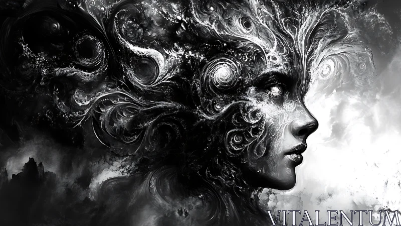 Surreal monochrome female profile with swirling cosmic forms