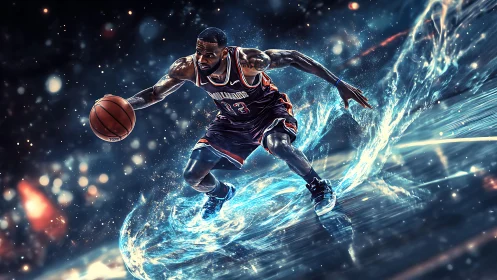 Dynamic basketball crossover framed by energized particle trails