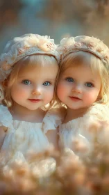 Softly glowing twin toddlers in floral lace bonnets portrait.
