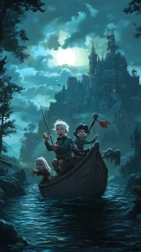 Young adventurers row moonlit river toward looming castle
