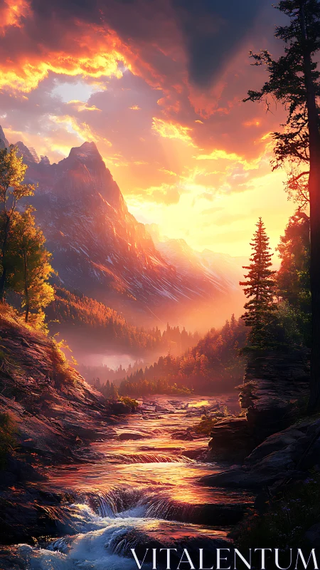 Spectral alpine river under volumetric sunset illumination.