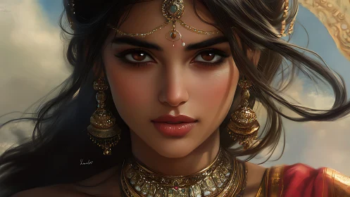 Regal woman in ornate gold jewelry with intense gaze.
