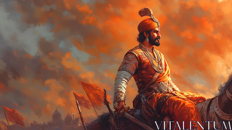 Sunlit warrior king astride steed under ember bright sky.