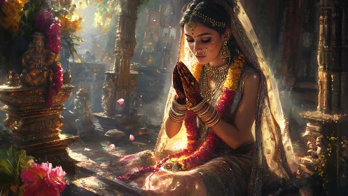 Devotional Indian bride in temple light with floral garlands