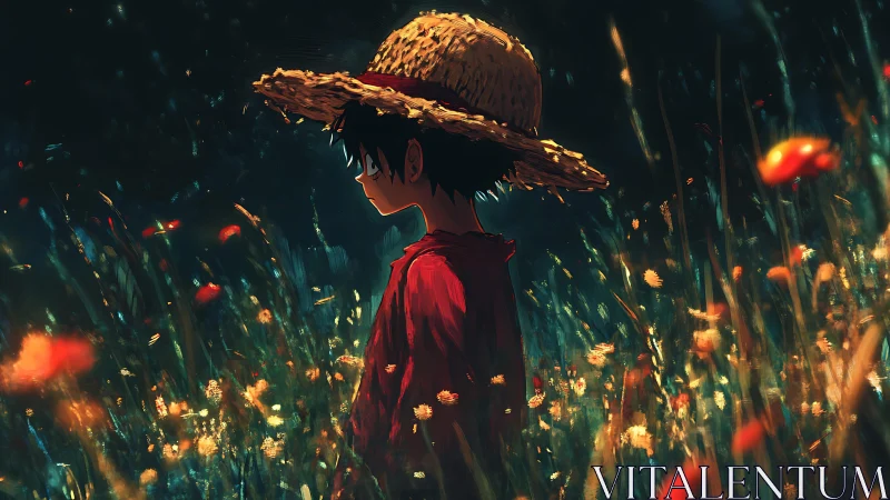 Straw-hatted youth in bioluminescent meadow at dusk.