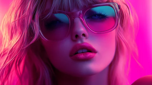 Neon-lit blonde portrait in oversized translucent pink glasses.