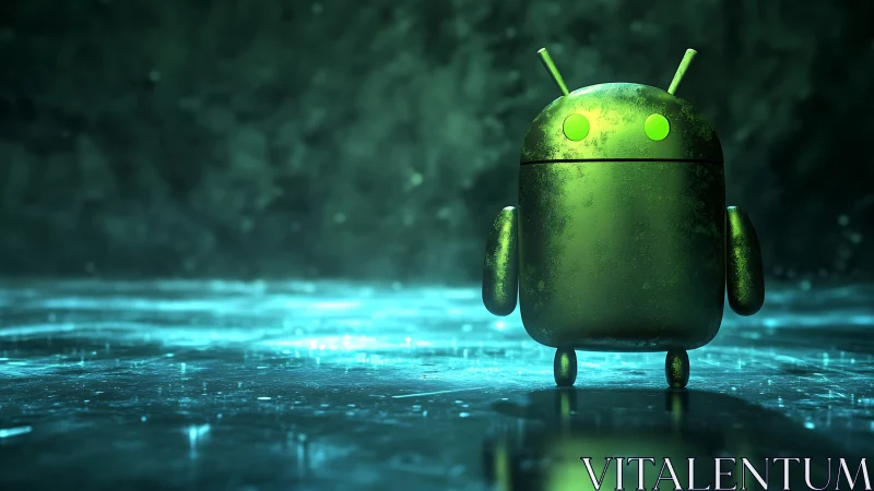 Green robot mascot stands on reflective wet surface at night