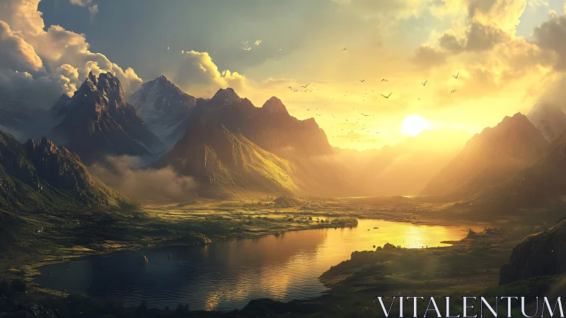 Golden sunset over serene mountain lake valley panorama.