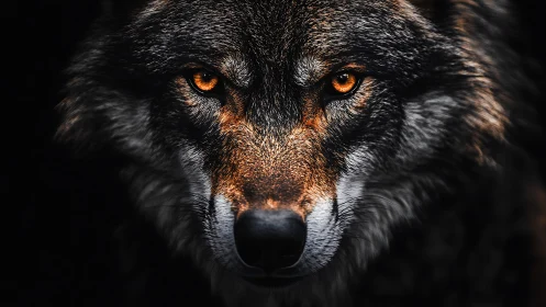 Low-key macro portrait isolates wolf muzzle with directional catchlights