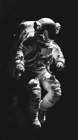 Solitary astronaut floating in deep space in stark light.