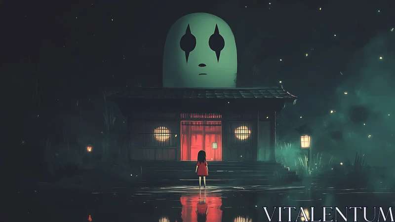 Girl in red stands before eerie spirit house at night.