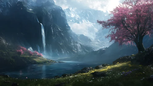 Glacial fjord landscape with cherry blossoms and waterfall