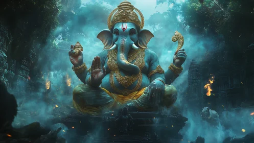 Mythic blue Ganesha rendered in atmospheric digital realism.