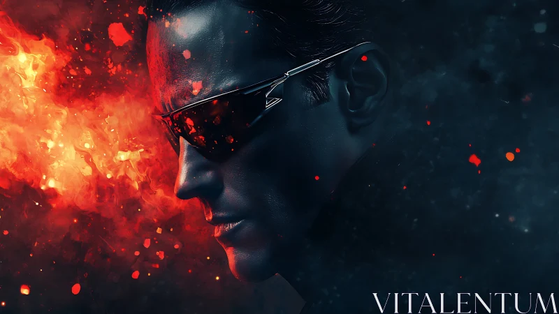 Cybernetic agent profile framed by fire and shadow contrast