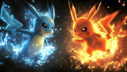 Elemental duel illustration with mirrored fiery and water forms.