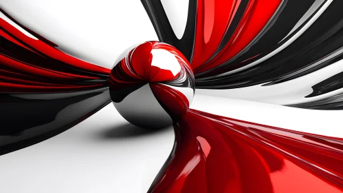 Futuristic Metallic Sphere with Abstract Red, Black, and White Waves.