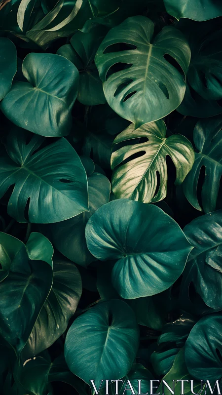 Monstera foliage cluster under deep emerald shadow tones.