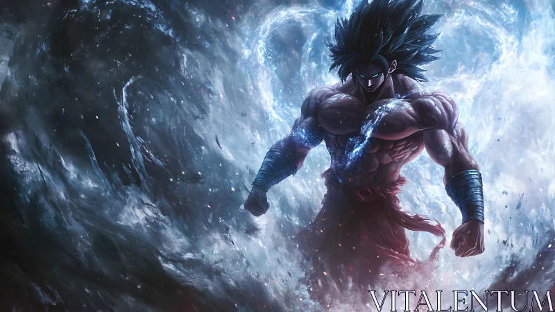 Saiyan warrior channels cosmic energy in storm vortex.