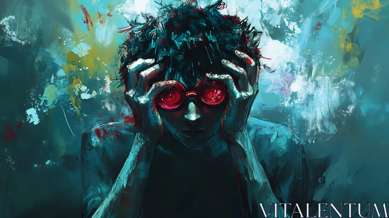 Distressed figure with red lenses in teal abstract environment.