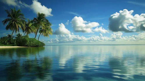 Tropical island shoreline with clear water and cloud formations
