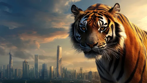 Giant tiger overlooking dense modern city skyline.