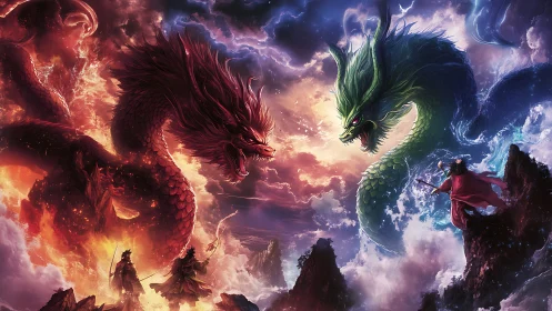 Twin elemental dragons clash above heroes on shattered peaks.