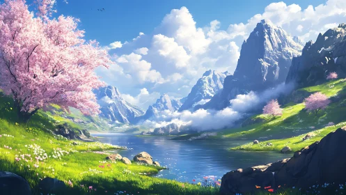 Spring valley landscape with river and distant snowy peaks.