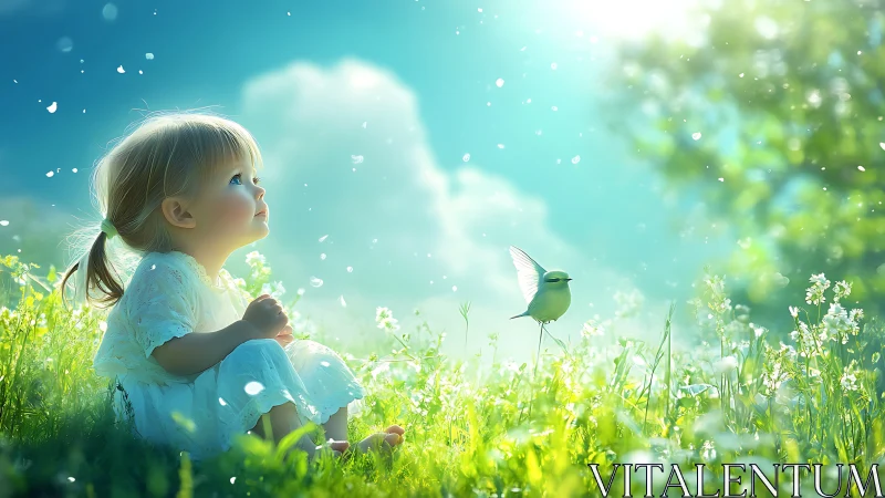 Gentle toddler watches a bright bird dance in glowing spring light