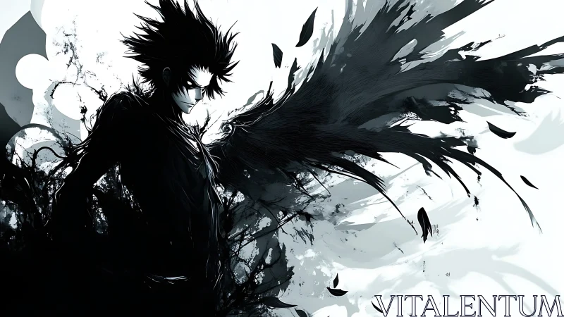 High-contrast ink-born winged figure in kinetic dispersion.