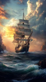 Storm-tossed tall ship chasing the burning edge of dawn.
