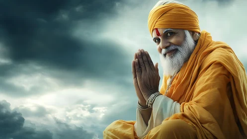 Sky-kissed sage in saffron robes greeting the gathering storm.