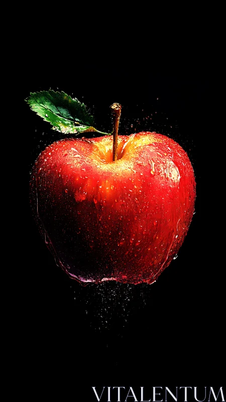 Luminous wet red apple suspended on deep black backdrop.
