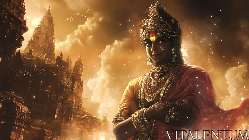 Radiant deity in golden temple sky invites quiet wonder.