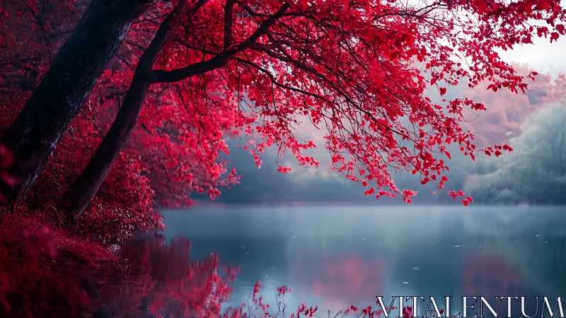 Crimson lakeside canopy inviting quiet moments by water.