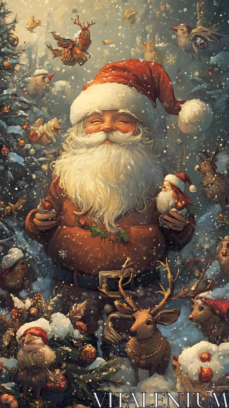 Santa breathes laughter into a snowfall of singing creatures