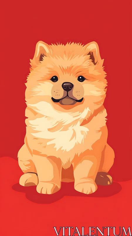 Flat vector illustration of fluffy dog on uniform red ground.