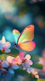 Vibrant pastel butterfly resting on blooming spring flowers.