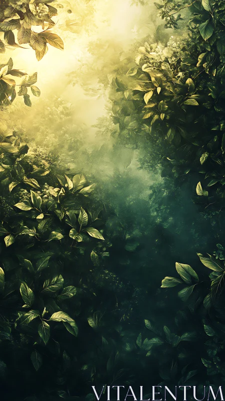 Sunlit forest canopy opens into a mysterious green abyss