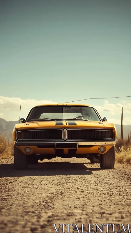 Photorealistic frontal study of vintage muscle car on desert road.
