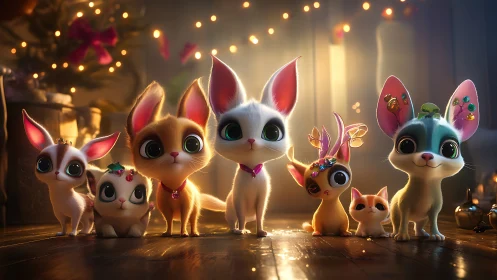 Magical Glowing Cats with Wings in Golden Light.