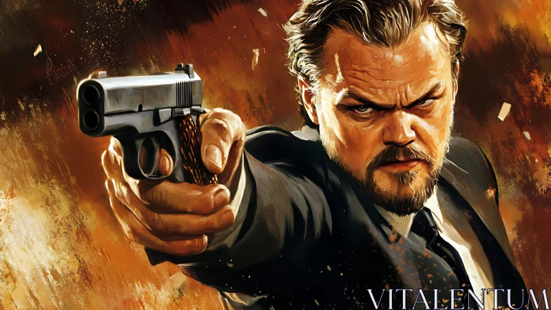 Dynamic digital portrait of armed man with intense forward perspective