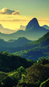 Sunlit emerald mountains wrapped in peaceful morning haze.